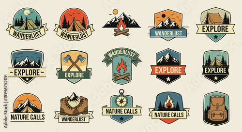 Vintage outdoor adventure badges and labels.