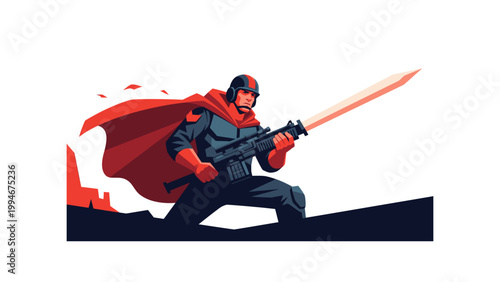 superhero warrior with sword in dynamic pose