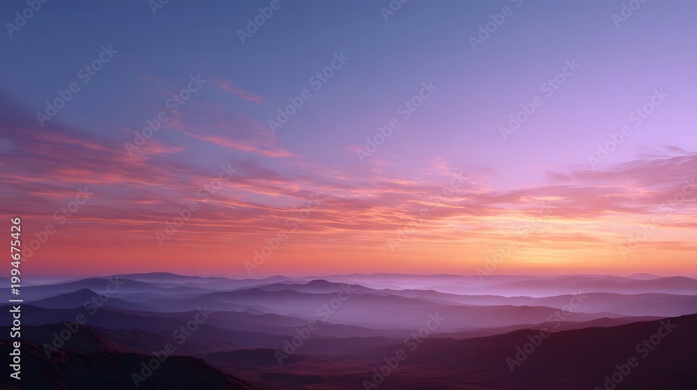 Fototapeta premium Vibrant dawn colors spread across receding layers of misty mountain ranges