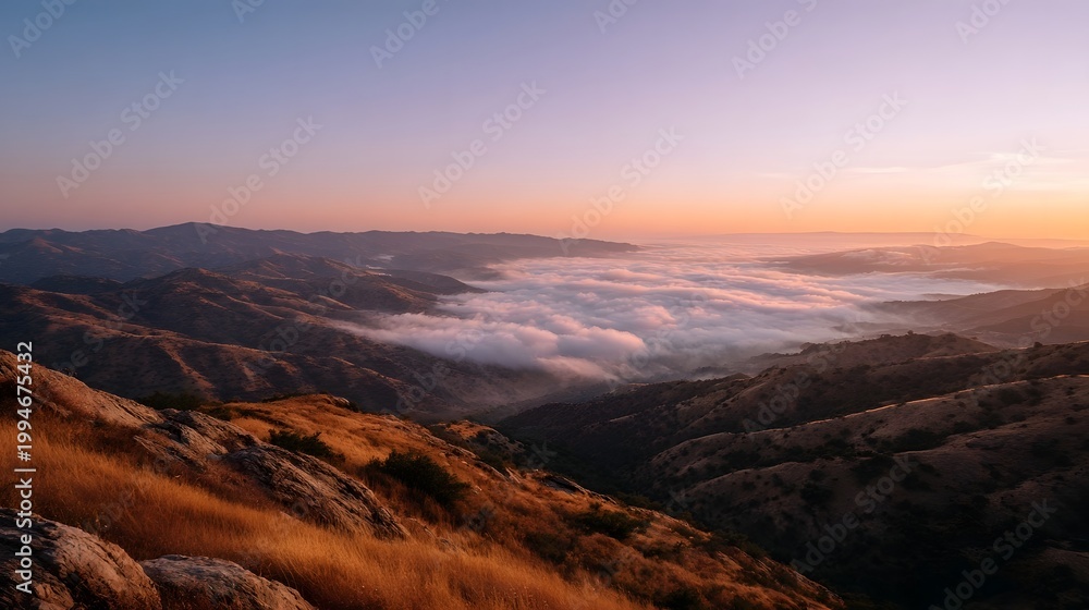 Naklejka premium Rolling hills viewed at dawn covered in thick mist and illuminated by the soft expansive sunrise glow