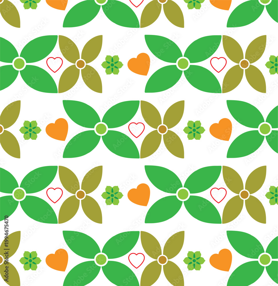 Obraz premium Retro floral seamless pattern with geometric leaves and hearts, vintage 70s style flower background, green and orange botanical vector illustration