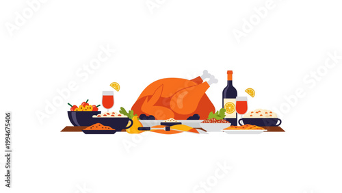 Thanksgiving Feast Vector Illustration with Turkey and Side Dishes