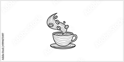 Steaming Coffee Cup With Coffee Beans and Swirl