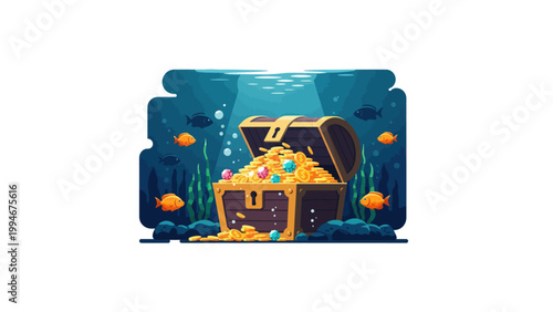 Underwater Treasure Chest with Gems and Fish