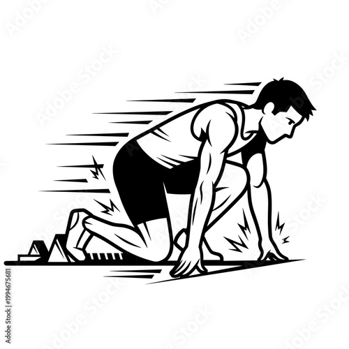 A sprinter in the starting position for use in sports blogs, athletic training sites, health presentations, or tournament event branding. The dynamic motion lines convey explosive energy and speed.