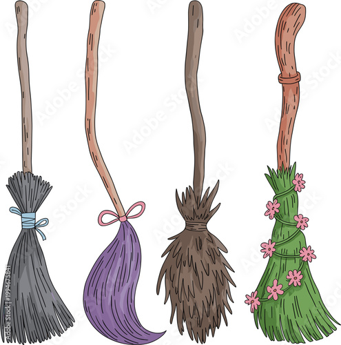 Hand drawn witch broom set, rustic magical cleaning tools with decorative fantasy elements illustration