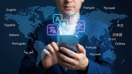 Businessman using a smartphone language translation app for global communication with a digital world map background.