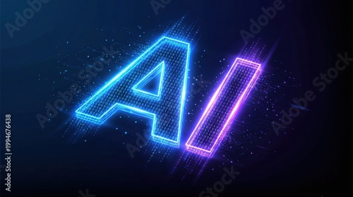 Artificial intelligence concept with glowing neon AI letters and binary code on a dark blue background.