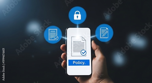 Hand holding smartphone displaying digital policy document with security lock and document representing online policy management and data protection