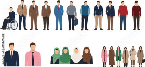 Illustration of diverse professional and cultural groups including men, women, business attire, hijabs, and inclusive workplace representation