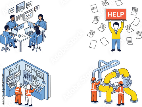 Isometric illustration showing diverse modern workplace environments including office teamwork, industrial safety operations, engineering maintenance, and employee stress management