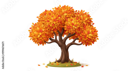 Vibrant orange autumn tree with lush foliage standing alone on green grass against white background, showcasing seasonal colorful change