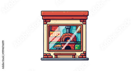 A charming pixel art vector illustration of a cozy pizza parlor featuring a traditional brick oven and a glowing "PIZZA" sign in the window.