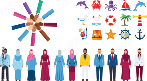 Unity, workplace diversity, professional collaboration, cultural inclusion, and teamwork across communities with maritime icons representing leisure and connection