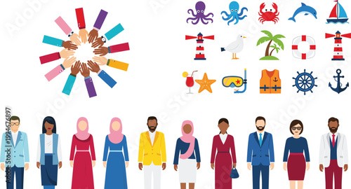 Unity, workplace diversity, professional collaboration, cultural inclusion, and teamwork across communities with maritime icons representing leisure, travel, and connection