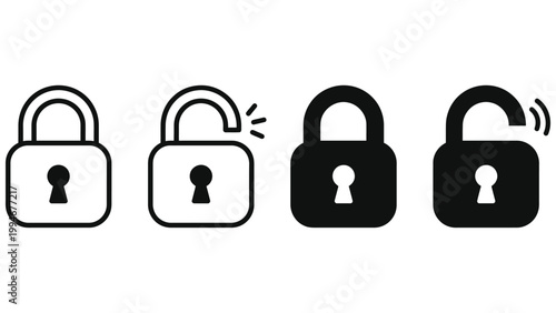 Lock or padlock vector icon set. Security protection keyhole indicator. Safety password confidential symbol. Privacy access or permission isolated graphic. Line, outline, filled black web buttons.