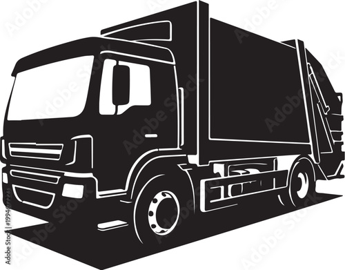 Black garbage truck, waste management vehicle, sanitation truck, dump truck icon