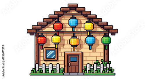 A pixel art house featuring colorful lanterns, a wooden roof, brick walls, and a picket fence, set against a clean white background.