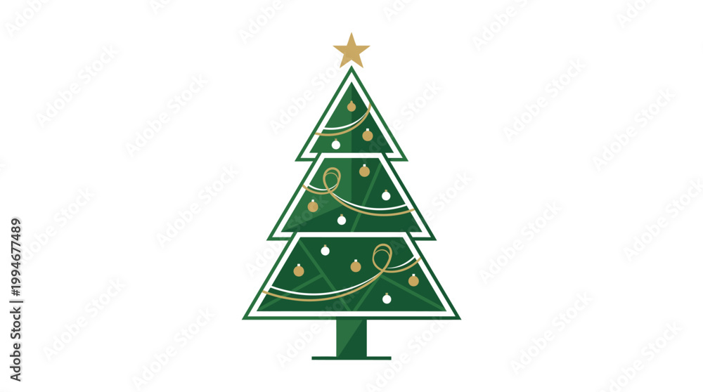 Fototapeta premium A minimalist, hand-drawn, stylized Christmas tree with golden decorations and star on top in a modern flat design style for holiday greeting cards and festive backgrounds