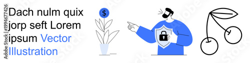 Financial growth, business security, data protection, savings, personal finance, economic success. A person with a shield and a locked icon, a money plant and cherry doodles. Business security