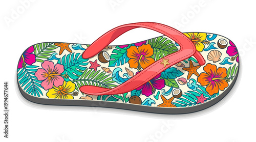 Colorful floral patterned flip flop with tropical flowers and leaves on a white background, summer vacation footwear, close-up