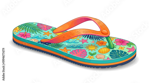 Colorful tropical floral patterned flip flop with orange straps on white background, photorealistic product photography for summer footwear advertising and e-commerce