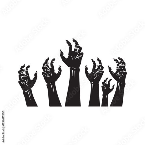 Zombie Hands Silhouette Reaching Upward Creepy Halloween Horror Elements Isolated on White
