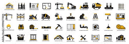 Black and yellow building construction icon set with tools, machinery and architecture symbols, Concept of construction industry, engineering and infrastructure development