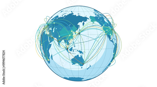 Vibrant blue globe with intersecting lines and arcs forming a network of connections across continents in a stylized modern digital art style symbolizing global communication and travel