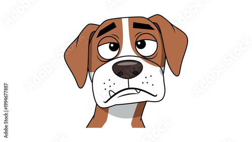 An unhappy dog with a frown looks sad and disappointed on a white background.