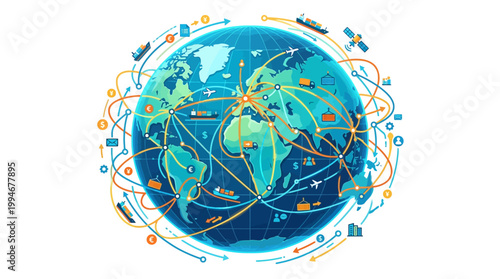 Vibrant digital globe with interconnected lines and symbols representing global communication, travel, and technology in a futuristic artistic style.
