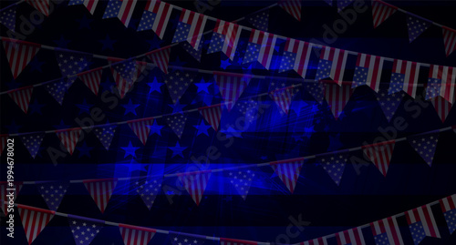 Independence Day. A festive, chaotic card with garlands and a silhouette of the US flag.