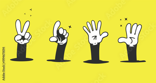 Vector Illustration Set of differenrt cartoon hand gestures emerging from hole on bright yellow background  