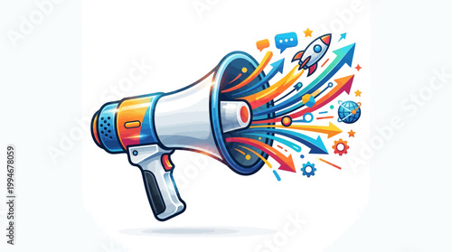 Vibrant megaphone with rocket launching out, colorful swirling lines, gears, and social media icons, symbolizing loud announcement, promotion, and business marketing strategy in a playful, d