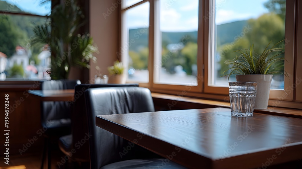 Fototapeta premium A cozy cafe interior featuring a wooden table and a beautiful natural scenic view through large