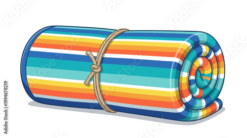 Vibrant rolled colorful beach towel tied with rope, minimalist flat design, summer vacation, recreational outdoor lifestyle