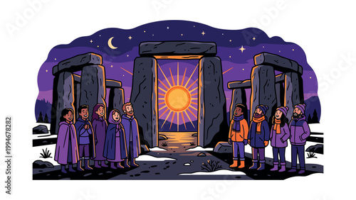 People gather around Stonehenge at sunrise on a cold winter morning in England.