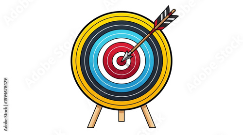 Vibrant cartoon target board with bullseye hit by arrow in colorful artistic style for focus and precision concept in sports and games