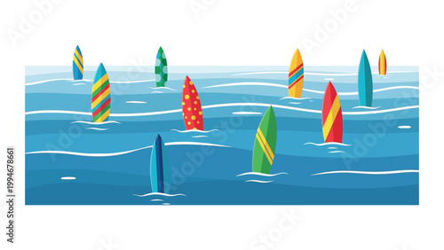 Sailboats float on a calm blue ocean with waves and ripples around them.