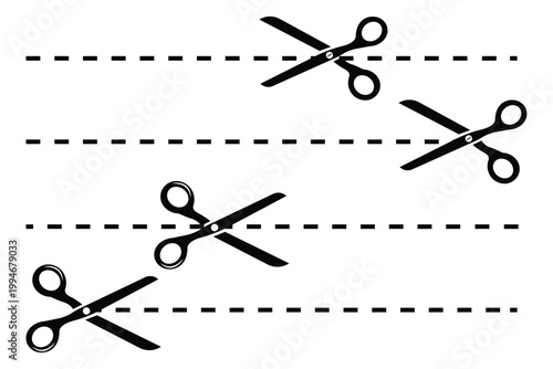 Cut Here Icons Set. Dashed Line Cut Markers with Scissors. Coupon sales signs, packaging label concept. Vector illustration.