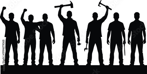 Black silhouettes of men with tools
