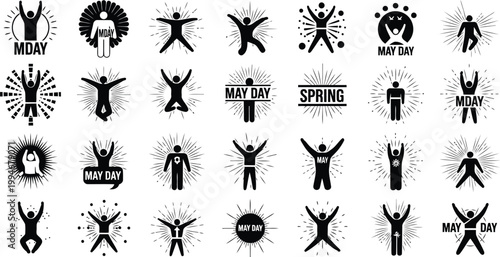 Black may day icons with silhouettes and sunburst effects