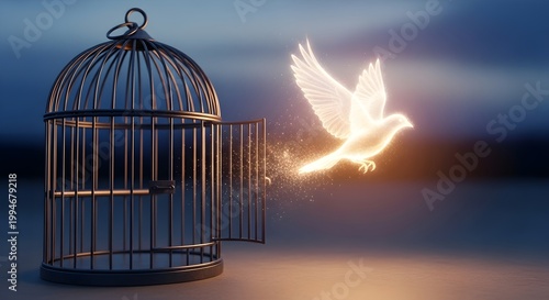 Bird of light escapes from an open cage at dusk, symbolizing freedom and hope.