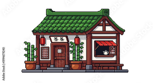 A charming pixel art illustration of a traditional East Asian tea house featuring a green tiled roof, red lanterns, and potted bamboo plants.