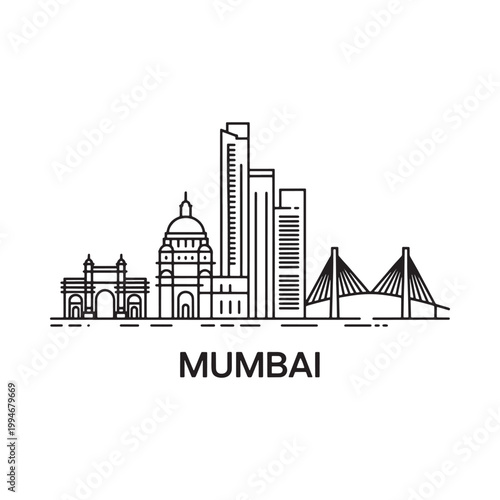 Linear illustration of mumbai skyline with prominent landmarks and text