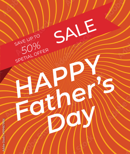 Father’s Day Sale banner with 50 percent discount offer on orange sunburst background.