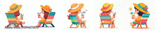 vector of a little girl sitting on a beach chair enjoying summer back view