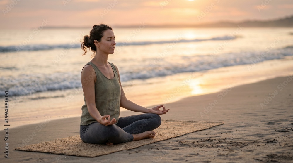 Fototapeta premium Woman Practicing Yoga on Beach at Sunrise Calm Wellness Concept