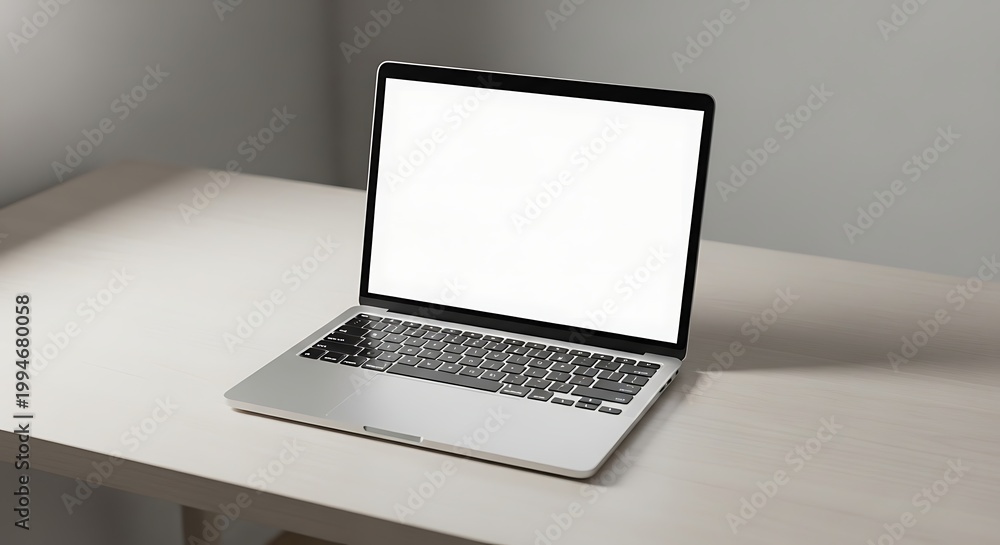 Fototapeta premium Modern laptop with a blank white screen on a light-colored desk