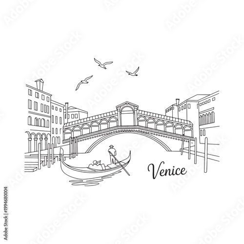 Line art illustration depicts a venetian canal scene with gondola and bridge